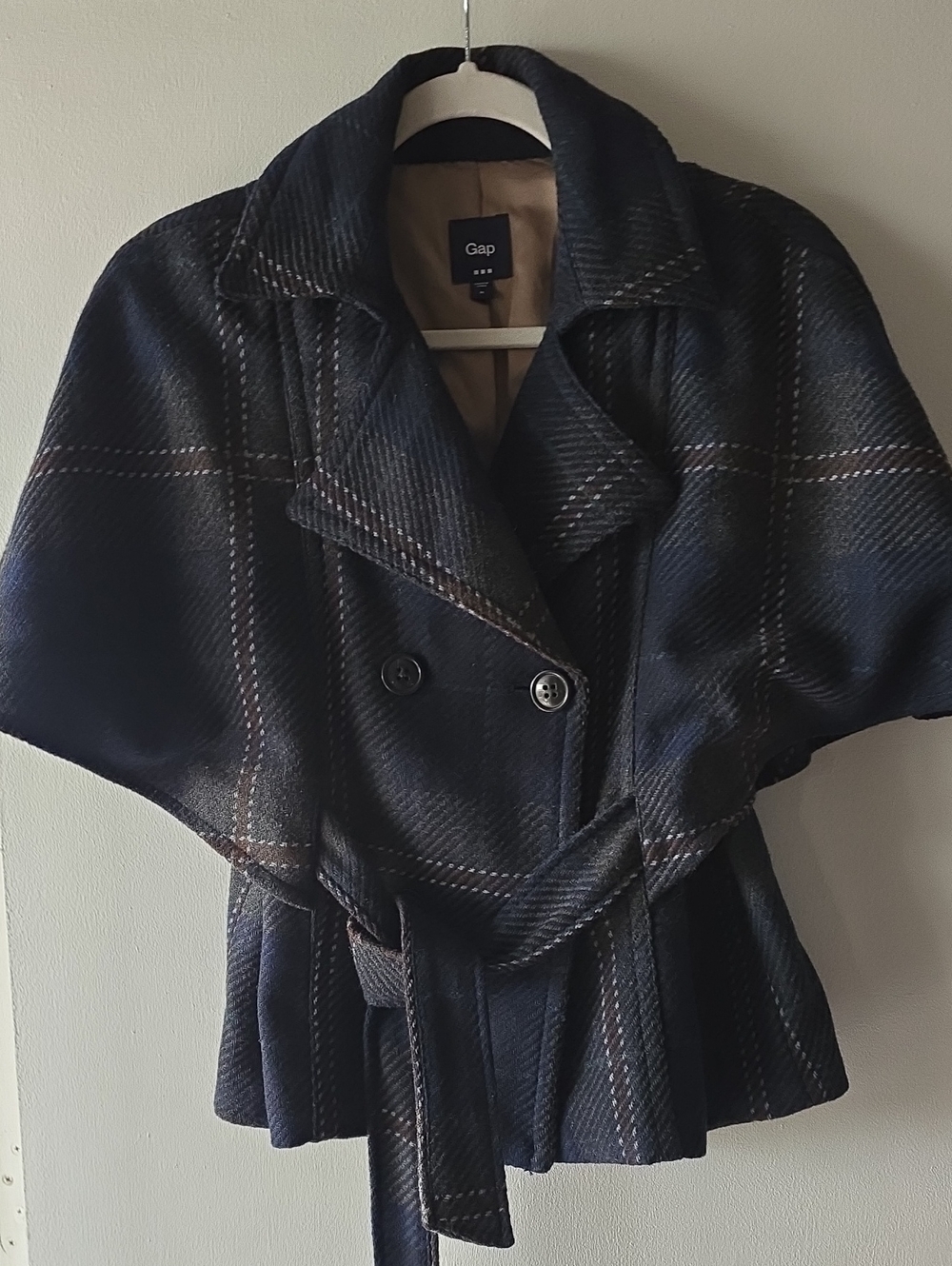 GAP Navy Plaid Belted Cape